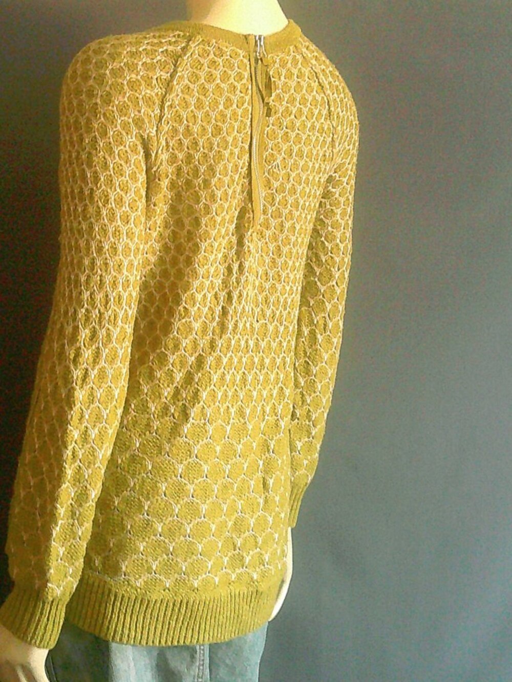 Anthropologie Moth Yellow Green Cotton Honeycomb Pattern Hi-Low Sweater Sm - Picture 7 of 8
